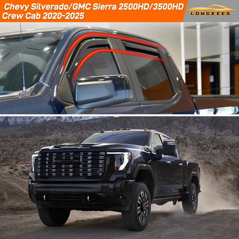 LONGKEES in-Channel Window Visors Rain Guards FIT Chevy Silverado/GMC Sierra 2500HD/3500HD 2020-2025 Crew Cab (2020-2025) – 4-Piece in-Channel Dark-Smoke Polycarbonate Vent Deflectors - Image 2